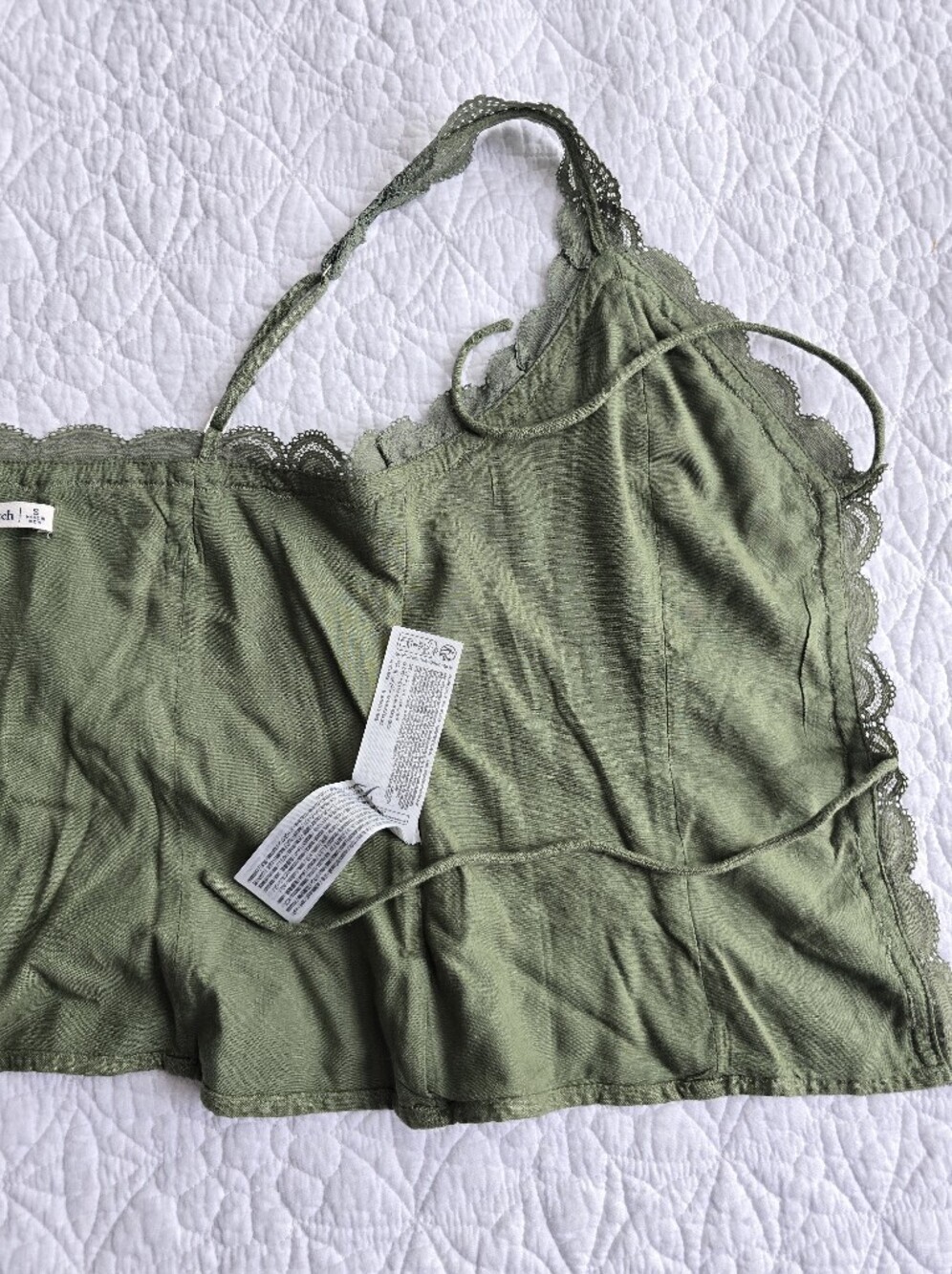 Abercrombie & Fitch Lace-Trim Tie Front Linen Blend Peplum Cami Top Green - Picture 11 of 12